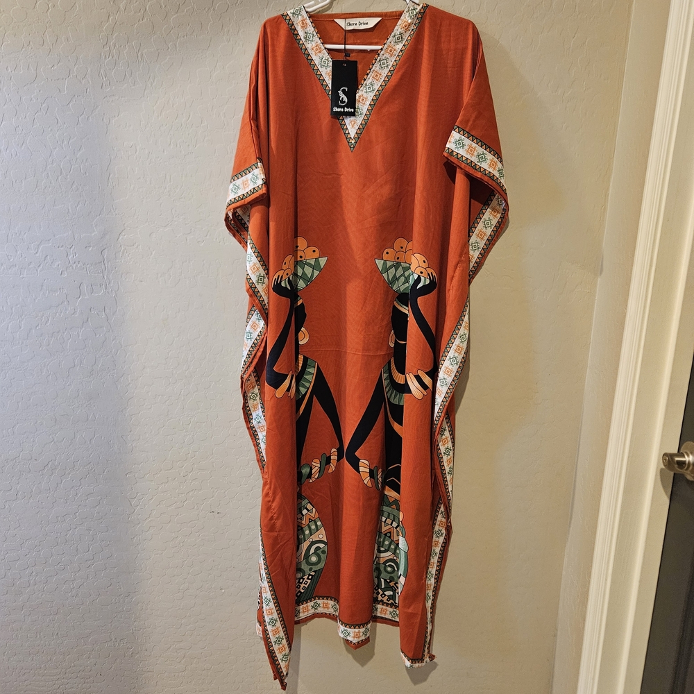 Vibrant Orange Maxi Dress with Artistic Trim
